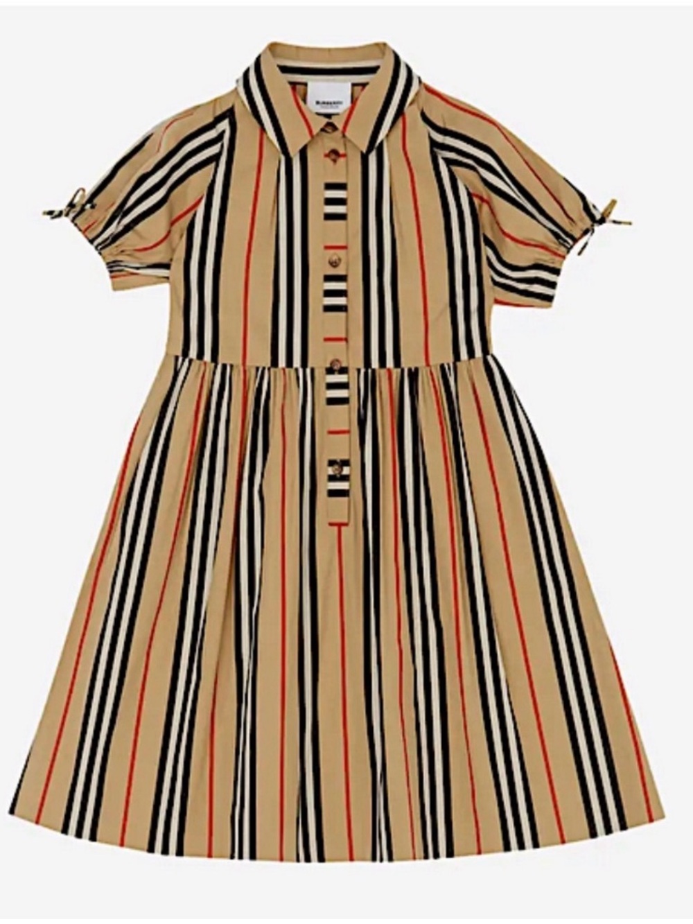 Burberry Tan Dress with Black and Red Stripe Detail